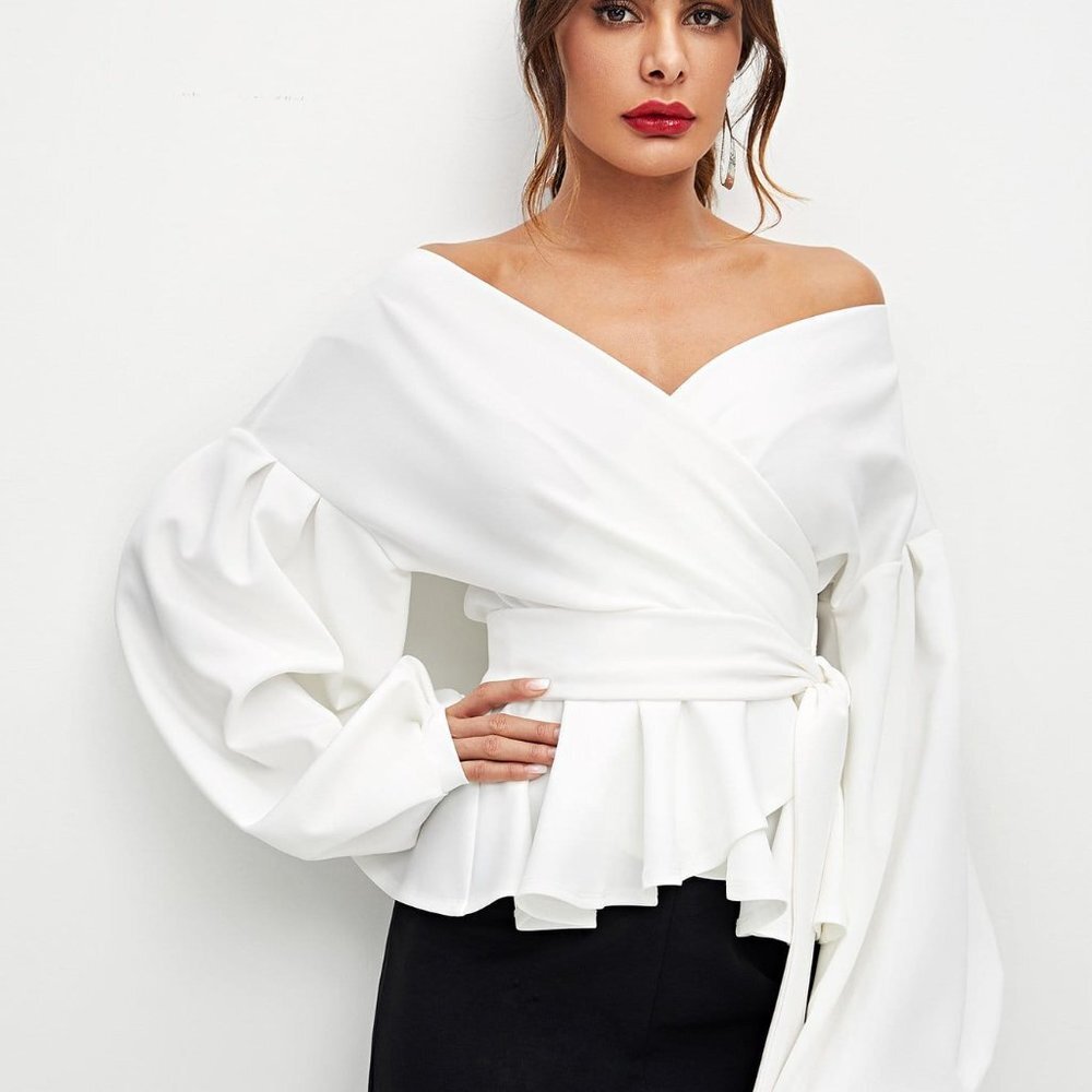 White Preppy Women Lantern Sleeve Surplice Belted Peplum Off The Shoulder Blouse - Picture 3 of 4